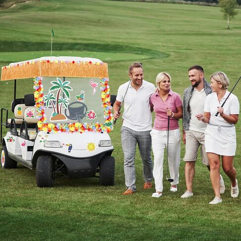 Zeyune 19 PCS Summer Parade Golf Cart Decorations Kit Hawaiian Luau Grass Fringe Banner 19.7 ft plastic flower lei garland summer luau stickers for golf cart summer decorations in Saudi Arabia