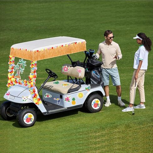 Zeyune 19 PCS Summer Parade Golf Cart Decorations Kit Hawaiian Luau Grass Fringe Banner 19.7 ft plastic flower lei garland summer luau stickers for golf cart summer decorations in Saudi Arabia
