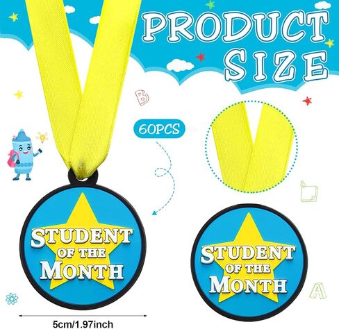 60 Pcs Student of The Month Medals Bulk, 2 Inch Rubber Award Medals with Ribbon Winner Encourage Team Participation for Trophy Award Prize Competitions Graduation in Saudi Arabia