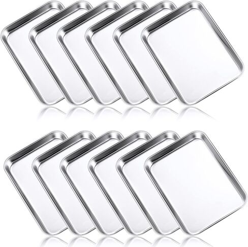 12 Pcs Baking Sheet Stainless Steel Cookie Sheet Small Metal Pans Professional Rectangle Oven Trays Kitchen Baking Cooking Oven and Toaster, Dishwasher Safe(13.7 x 9.8 Inches) in Saudi Arabia