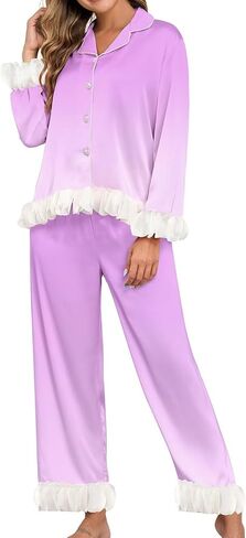 Brosloth Womens Silk Pajamas Long Sleeve Button Up Pajama Cute Soft Satin Fall Pjs Sets 2 Piece Lounge Set Sleepwear in Kuwait