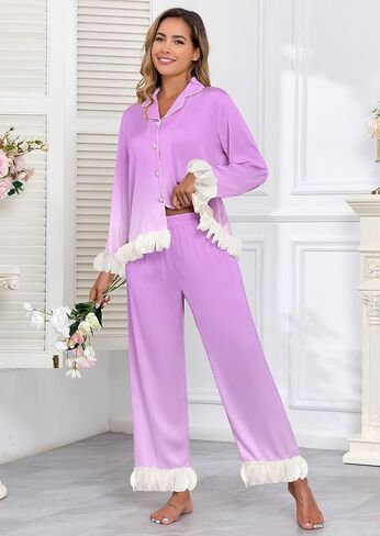 Brosloth Womens Silk Pajamas Long Sleeve Button Up Pajama Cute Soft Satin Fall Pjs Sets 2 Piece Lounge Set Sleepwear in Kuwait