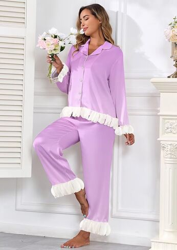 Brosloth Womens Silk Pajamas Long Sleeve Button Up Pajama Cute Soft Satin Fall Pjs Sets 2 Piece Lounge Set Sleepwear in Kuwait