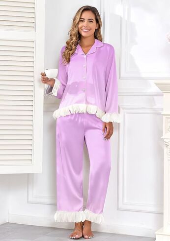 Brosloth Womens Silk Pajamas Long Sleeve Button Up Pajama Cute Soft Satin Fall Pjs Sets 2 Piece Lounge Set Sleepwear in Kuwait