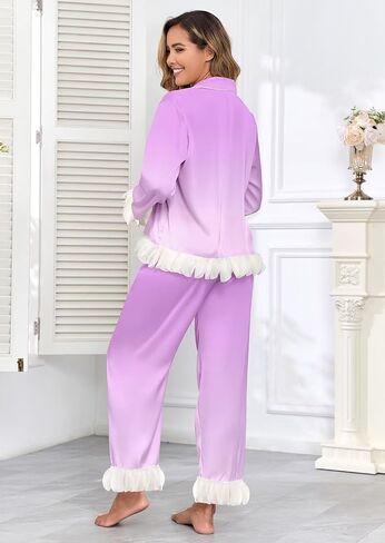 Brosloth Womens Silk Pajamas Long Sleeve Button Up Pajama Cute Soft Satin Fall Pjs Sets 2 Piece Lounge Set Sleepwear in Kuwait