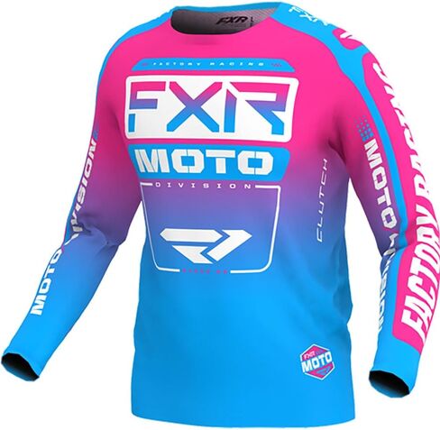 FXR Kids Clutch MX Jersey Lightweight Drop-Tail Quick Dry Cyan/Electric Pink - Medium in Saudi Arabia