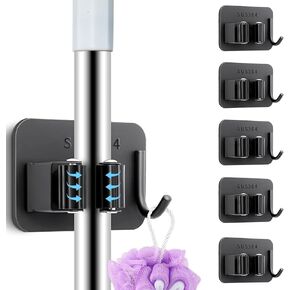 5 Pack Heavy Duty Mop and Broom Holder Wall Mount, No Drill Self Adhesive Stainless Steel Hanger with Hooks, Anti-Slip Tool Organizer for Bathroom, Kitchen, Garage, Laundry Room (5, Silver) in Kuwait
