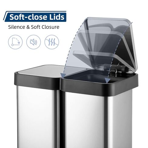 16 جالون مقصورة مزدوجة سلة المهملات وإعادة التدوير - علبة القمامة المطبخ ناعمة ، دواسة خطوة من الفولاذ المقاوم للصدأ ، تصميم توفير المساحة للمنزل/المكتب (60L 2x30L ، دلو داخلي) in Kuwait