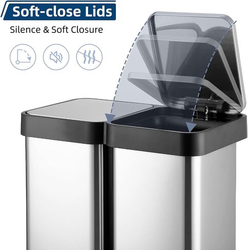 16 Gallon Dual Compartment Trash & Recycling Bin - Soft Close Lid Kitchen Garbage Can, Stainless Steel Step Pedal, Space Saving Design for Home/Office (60L 2x30L, No Inner Bucket) in Kuwait