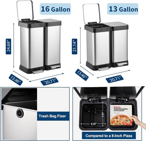 16 Gallon Dual Compartment Trash & Recycling Bin - Soft Close Lid Kitchen Garbage Can, Stainless Steel Step Pedal, Space Saving Design for Home/Office (60L 2x30L, No Inner Bucket) in Kuwait