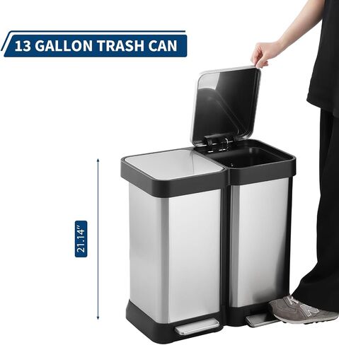 16 Gallon Dual Compartment Trash & Recycling Bin - Soft Close Lid Kitchen Garbage Can, Stainless Steel Step Pedal, Space Saving Design for Home/Office (60L 2x30L, No Inner Bucket) in Kuwait