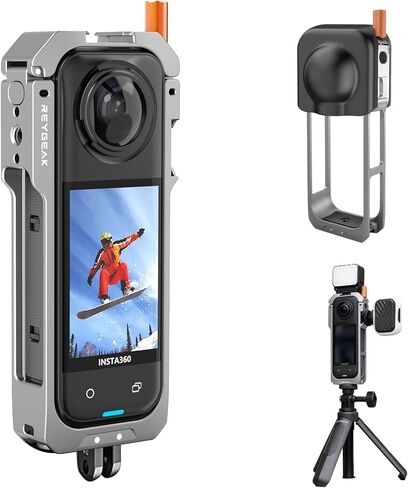Reygeak Aluminium Cage لـ Insta360 x5 ، إطار الأداة المساعدة الواقية لـ Insta360 x5 ، حبل قاعدة إطلاق سريع مع غطاء عدسة السيليكون ، 1/4 أصابع قابلة للطي للموضوع لإكسسوارات Insta360 in Kuwait
