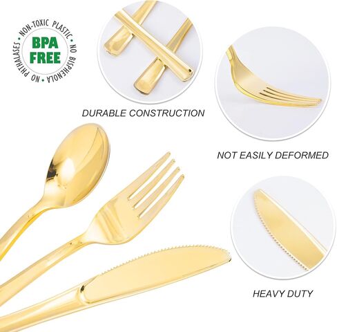 N9R 60PCS Gold Plastic Silverware - Gold Plastic Cutlery Set Disposable Flatware Dinnerware -30 Forks, 15 Spoons, 15 Knives for Party, Thanksgiving, Christmas in Kuwait