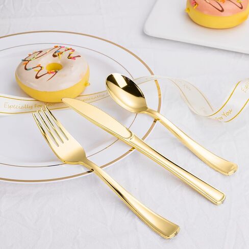 N9R 60PCS Gold Plastic Silverware - Gold Plastic Cutlery Set Disposable Flatware Dinnerware -30 Forks, 15 Spoons, 15 Knives for Party, Thanksgiving, Christmas in Kuwait