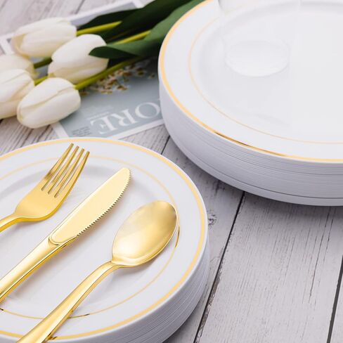 N9R 60PCS Gold Plastic Silverware - Gold Plastic Cutlery Set Disposable Flatware Dinnerware -30 Forks, 15 Spoons, 15 Knives for Party, Thanksgiving, Christmas in Kuwait