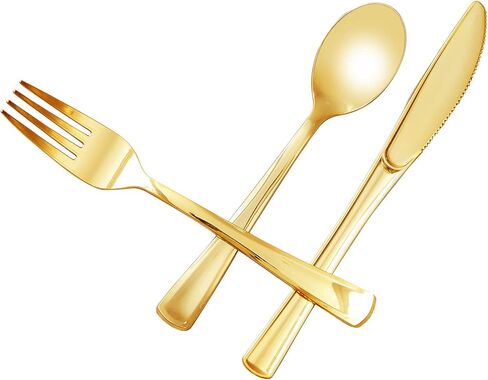 N9R 60PCS Gold Plastic Silverware - Gold Plastic Cutlery Set Disposable Flatware Dinnerware -30 Forks, 15 Spoons, 15 Knives for Party, Thanksgiving, Christmas in Kuwait