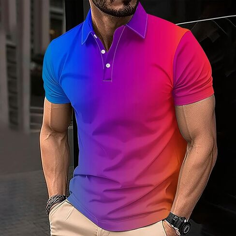 Polo Shirts for Men Big and Tall Short Sleeve Button Collar Gradient Tees Dressy Casual Business Work Tshirt Golf Top in Kuwait