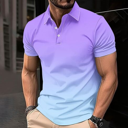 Polo Shirts for Men Big and Tall Short Sleeve Button Collar Gradient Tees Dressy Casual Business Work Tshirt Golf Top in Kuwait
