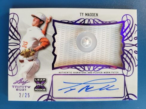 Ty Madden 2021 LEAF TRINITY ROOKIE RC PATCH AUTO PURPLE #D 2/25 DETROIT TIGERS! - MLB Autographed Baseball Cards in Saudi Arabia
