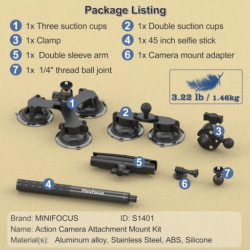 Suction Cup Mount, Windshield Suction Mount Bracket, Dash Cam Mount with 1/4" Thread for Magic Arm Gopro Adapter, Compatible with GoPro Hero, Insta360, Most of Action Camera in Kuwait