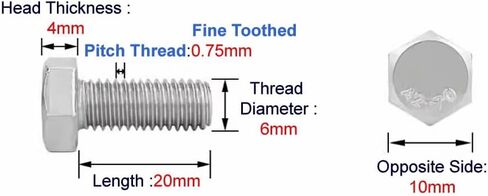 Junter 10pcs M6 (6mm) -0.75pitch x 20mm خيط غرامة البراغي السداسية 304 مسامير الفولاذ المقاوم للصدأ مسامير ملولبة بالكامل din933 in Kuwait