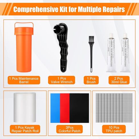 Inflatable Boat Repair Kit Include 3 x PVC Patch, 10 x Reinforcing Mesh Cord, 1 x Kayak Patches Tape, 2 x 30 ml Glue and 1 x Maintenance Kit for Inflatable Raft Boat Canoe Kayak in Saudi Arabia