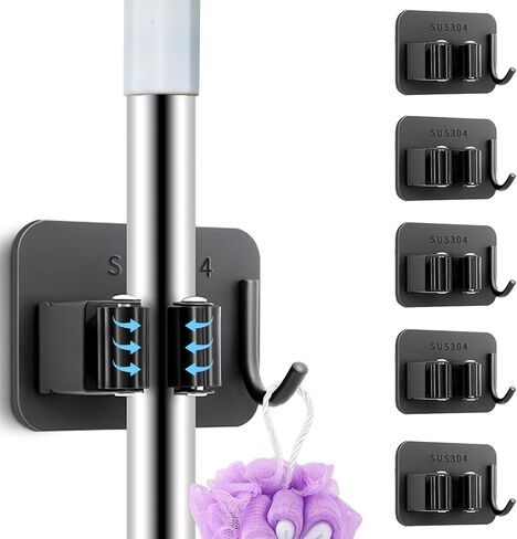5 Pack Heavy Duty Mop and Broom Holder Wall Mount, No Drill Self Adhesive Stainless Steel Hanger with Hooks, Anti-Slip Tool Organizer for Bathroom, Kitchen, Garage, Laundry Room (5, Silver) in Kuwait