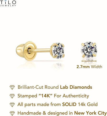 14K Yellow Gold Solitaire Round Lab Diamond Stud Earrings in Secure Screw-backs in Saudi Arabia