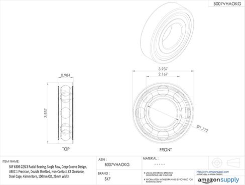 محمل شعاعي SKF 6309-2Z/C3 ، صف واحد ، تصميم الأخدود العميق ، ABEC 1 الدقة ، مزدوج محمي ، غير ملتزم ، C3 ، قفص فولاذي ، تتحمل 45 مم ، 100 مم OD ، عرض 25 ملم in Saudi Arabia