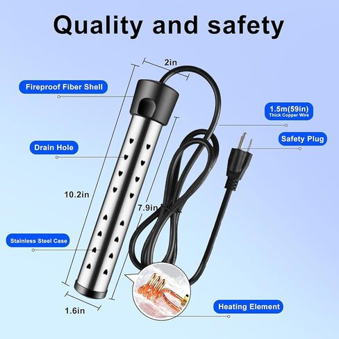 Portable Water Heater – 1300W Immersion Heater for Bathtub with Switch Control, Bucket, Hot Tub, and Mini Inflatable Pool – Fast Heating with Rust-Resistant 304 Stainless Steel Cap(Black) in Saudi Arabia