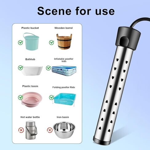 Portable Water Heater – 1300W Immersion Heater for Bathtub with Switch Control, Bucket, Hot Tub, and Mini Inflatable Pool – Fast Heating with Rust-Resistant 304 Stainless Steel Cap(Black) in Saudi Arabia