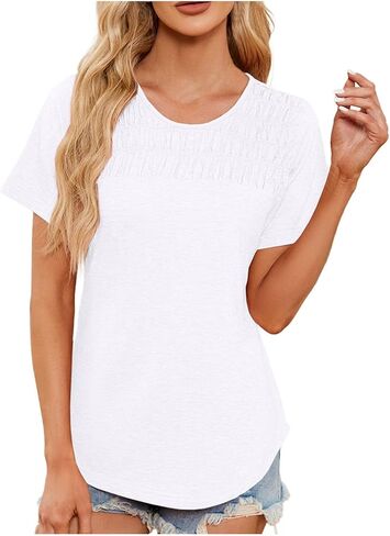 Women's Summer Tops Trendy Short Sleeve Shirts Smocked Crewneck Tee Shirts Men in Saudi Arabia