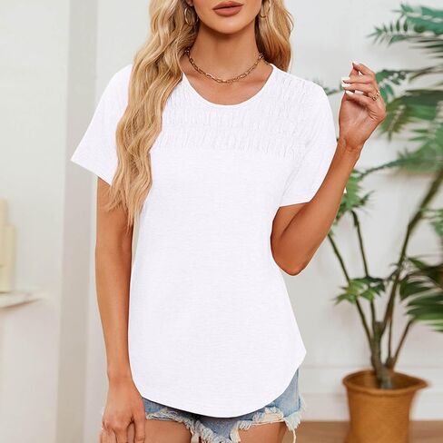 Women's Summer Tops Trendy Short Sleeve Shirts Smocked Crewneck Tee Shirts Men in Saudi Arabia