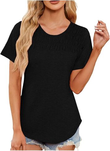 Women's Summer Tops Trendy Short Sleeve Shirts Smocked Crewneck Tee Shirts Men in Saudi Arabia