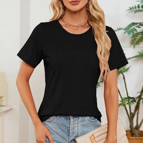 Women's Summer Tops Trendy Short Sleeve Shirts Smocked Crewneck Tee Shirts Men in Saudi Arabia