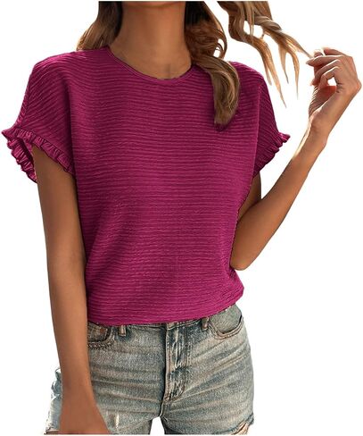 Women's Textured Tops Summer Trendy Ruffle Short Sleeve Dressy Casual Blouse Shirt S T Shirts Women in Saudi Arabia