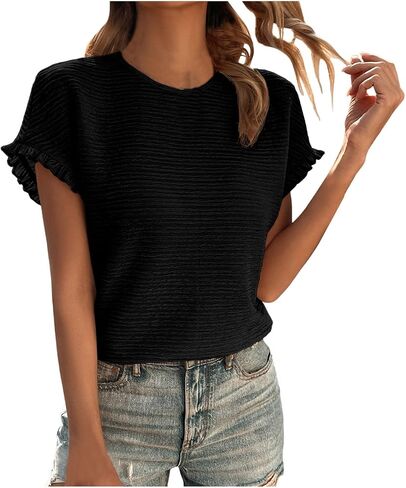 Women's Textured Tops Summer Trendy Ruffle Short Sleeve Dressy Casual Blouse Shirt S T Shirts Women in Saudi Arabia