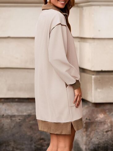 Wenrine Women's Oversized Sweatshirt Dress Half Zip V Neck Long Sleeve Contrast Fall Casual Mini Dresses in Saudi Arabia