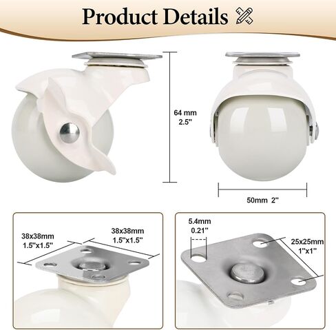 2 Inch Swivel Caster Wheels Set of 4, White Furniture Wheels 2 with Brake 2 no Brake, Friendly to Many Floors, Durable Ball Wheels for Furniture, Workbench, Cart, Trolley, Shelf, Cabinet in Saudi Arabia