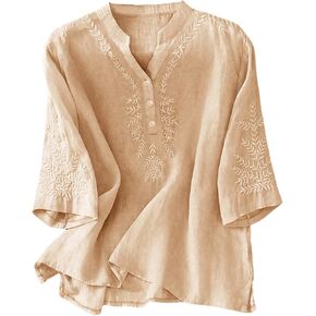 MakeMeChic Women's Boho Blouses Notch V Neck Embroidery 3/4 Sleeve Shirt Tops in Kuwait