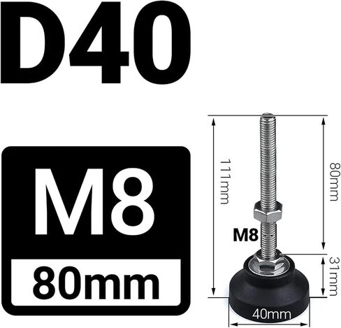 8Pcs Adjustable Lathe Leg Dia 40mm Thread Type Feet Swivel Base M5/M6/M8/M10/M12(D40xM8x80mm) in Saudi Arabia