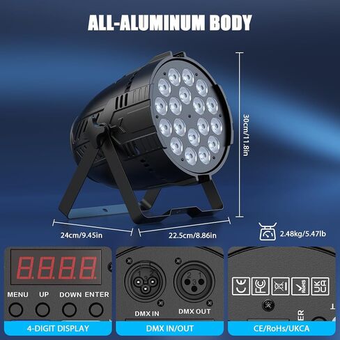 200W Stage Lights, RGBWAL 6IN1 Par Lights, Professional 18 LED DMX512 Sound-Activated Controlled LED Par Can, 6/10CH Uplights for Theater Studio Concert Stage DJ Party, 2 Pack in Saudi Arabia