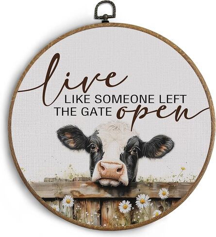 KTYHD Western Highland Cow Wall Art,Live like Someone Left the Gate Open Round Canvas Wall Art,Farm Cottagecore Animal Highland Cow Wall Decor for Kitchen Bathroom,Cow Gifts for Women Cow Lovers in Saudi Arabia