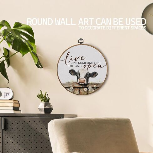 KTYHD Western Highland Cow Wall Art,Live like Someone Left the Gate Open Round Canvas Wall Art,Farm Cottagecore Animal Highland Cow Wall Decor for Kitchen Bathroom,Cow Gifts for Women Cow Lovers in Saudi Arabia