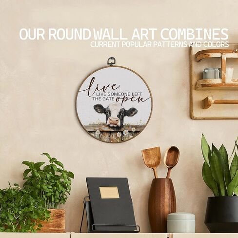 KTYHD Western Highland Cow Wall Art,Live like Someone Left the Gate Open Round Canvas Wall Art,Farm Cottagecore Animal Highland Cow Wall Decor for Kitchen Bathroom,Cow Gifts for Women Cow Lovers in Saudi Arabia