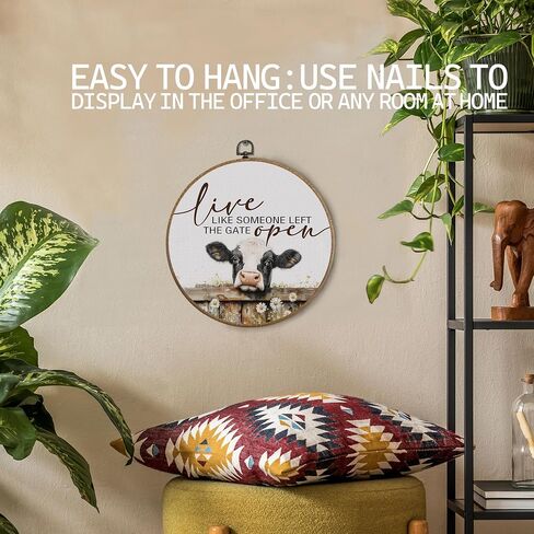 KTYHD Western Highland Cow Wall Art,Live like Someone Left the Gate Open Round Canvas Wall Art,Farm Cottagecore Animal Highland Cow Wall Decor for Kitchen Bathroom,Cow Gifts for Women Cow Lovers in Saudi Arabia