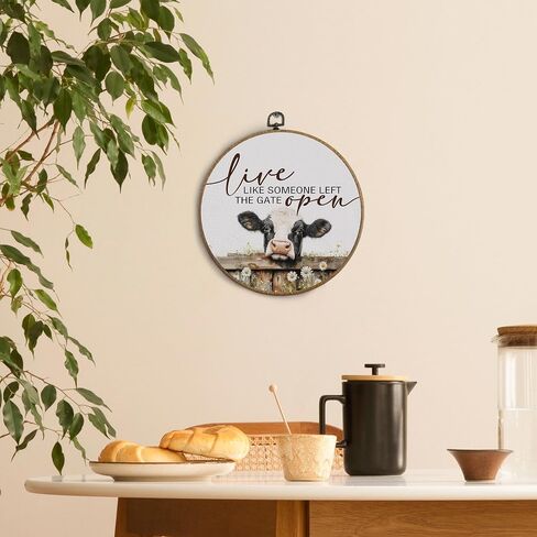 KTYHD Western Highland Cow Wall Art,Live like Someone Left the Gate Open Round Canvas Wall Art,Farm Cottagecore Animal Highland Cow Wall Decor for Kitchen Bathroom,Cow Gifts for Women Cow Lovers in Saudi Arabia