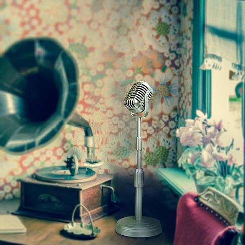 Fake Vintage Microphone, Lightweight Portable Microphone Prop, Silver Retro Mic with Adjustable Stand for Speech Singing Practice, Stage Performance, Photography Props in Saudi Arabia