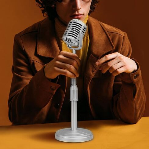 Fake Vintage Microphone, Lightweight Portable Microphone Prop, Silver Retro Mic with Adjustable Stand for Speech Singing Practice, Stage Performance, Photography Props in Saudi Arabia