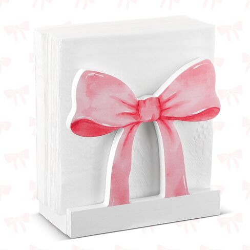 حامل منديل Marsui Pink Bow للطاولة اللطيفة الخشبية المستقيمة Coquette Bow Bow Holder for Table & Countertop Kitchen Mitteright Paper Storage Suitage for Party in Saudi Arabia